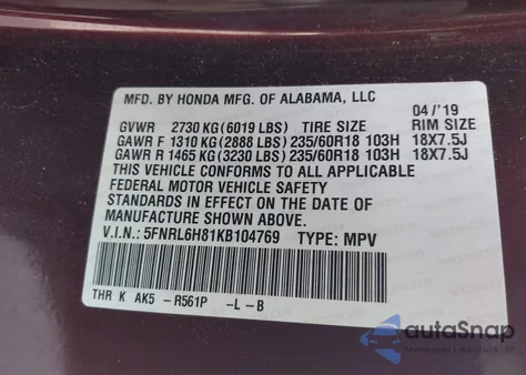 2019 Honda Odyssey Touring from USA, damaged, VIN 5FNRL6H81KB104769